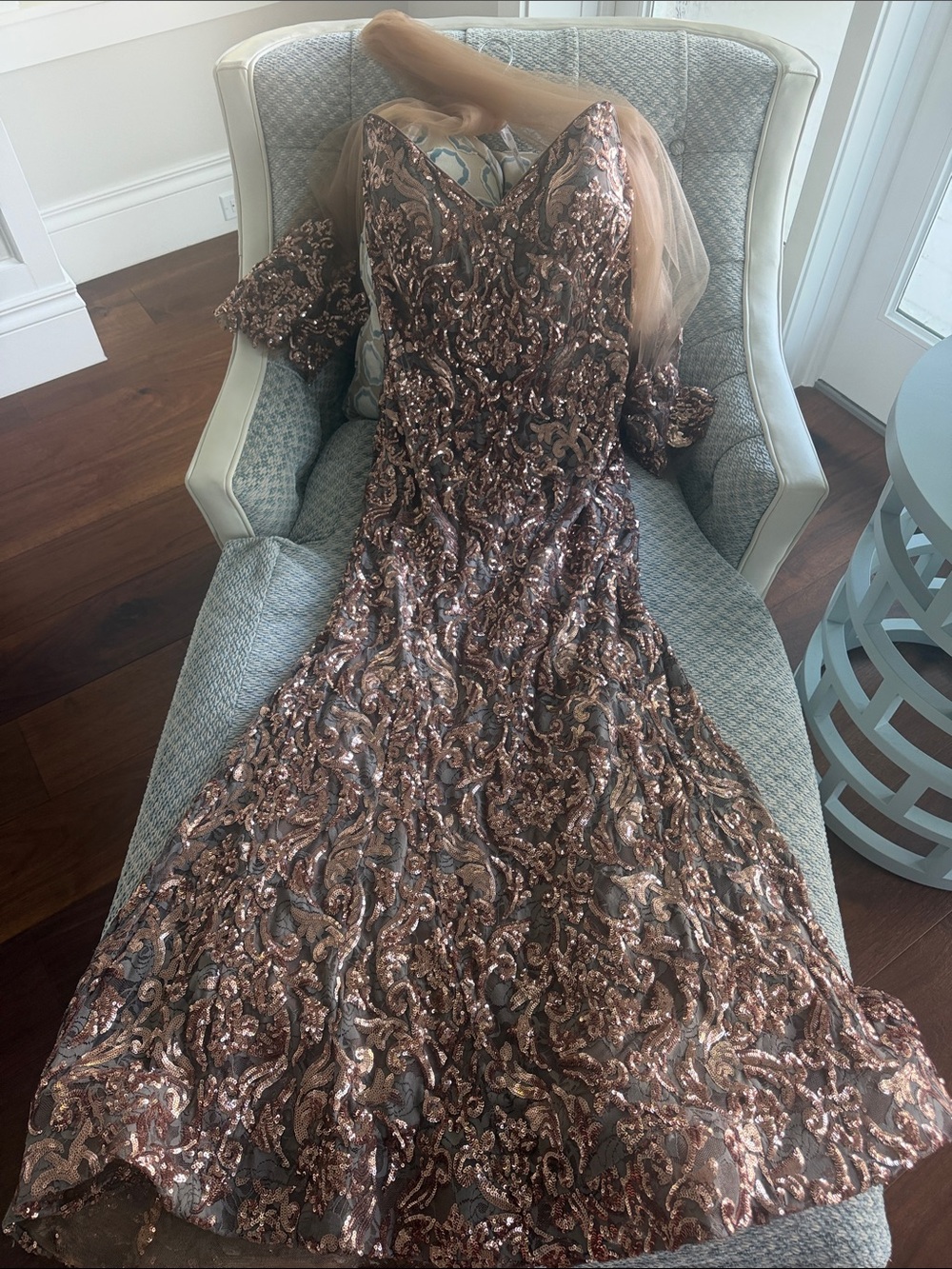 Jovani Copper and Gold Sequin V-Neck elegant gown w coordinating shawl-Worn once